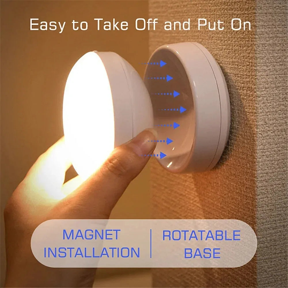 USB Rechargeable Motion Sensor LED Night Light - Energy-Efficient Round Lamp for Bedroom, Corridor, and Bathroom Wall Illumination