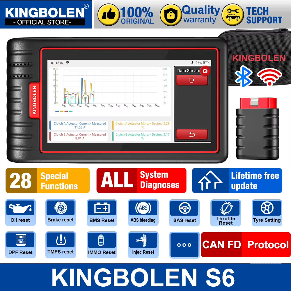 KINGBOLEN S6 CAN FD Comprehensive Automotive Diagnostic Tool with Bluetooth Connectivity and 28 Reset Functions - Lifetime Free Updates