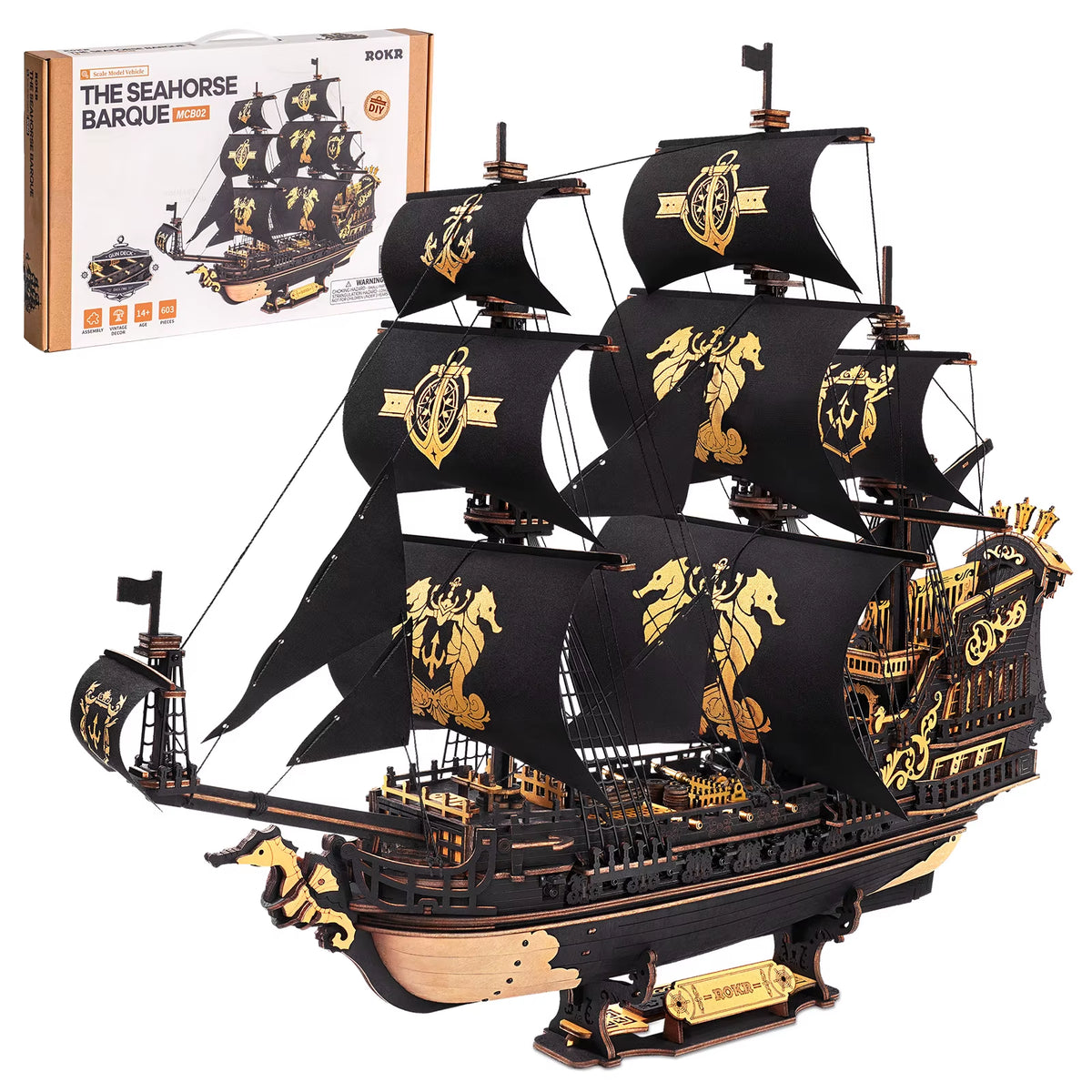 ROKR Seahorse Barque 3D Wooden Puzzle Model Kit - 1:100 Scale DIY Sailboat with 603 Pieces for Adults and Boys