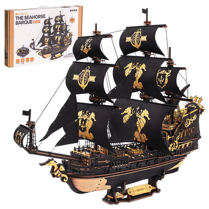 ROKR Seahorse Barque 3D Wooden Puzzle Model Kit - 1:100 Scale DIY Sailboat with 603 Pieces for Adults and Boys