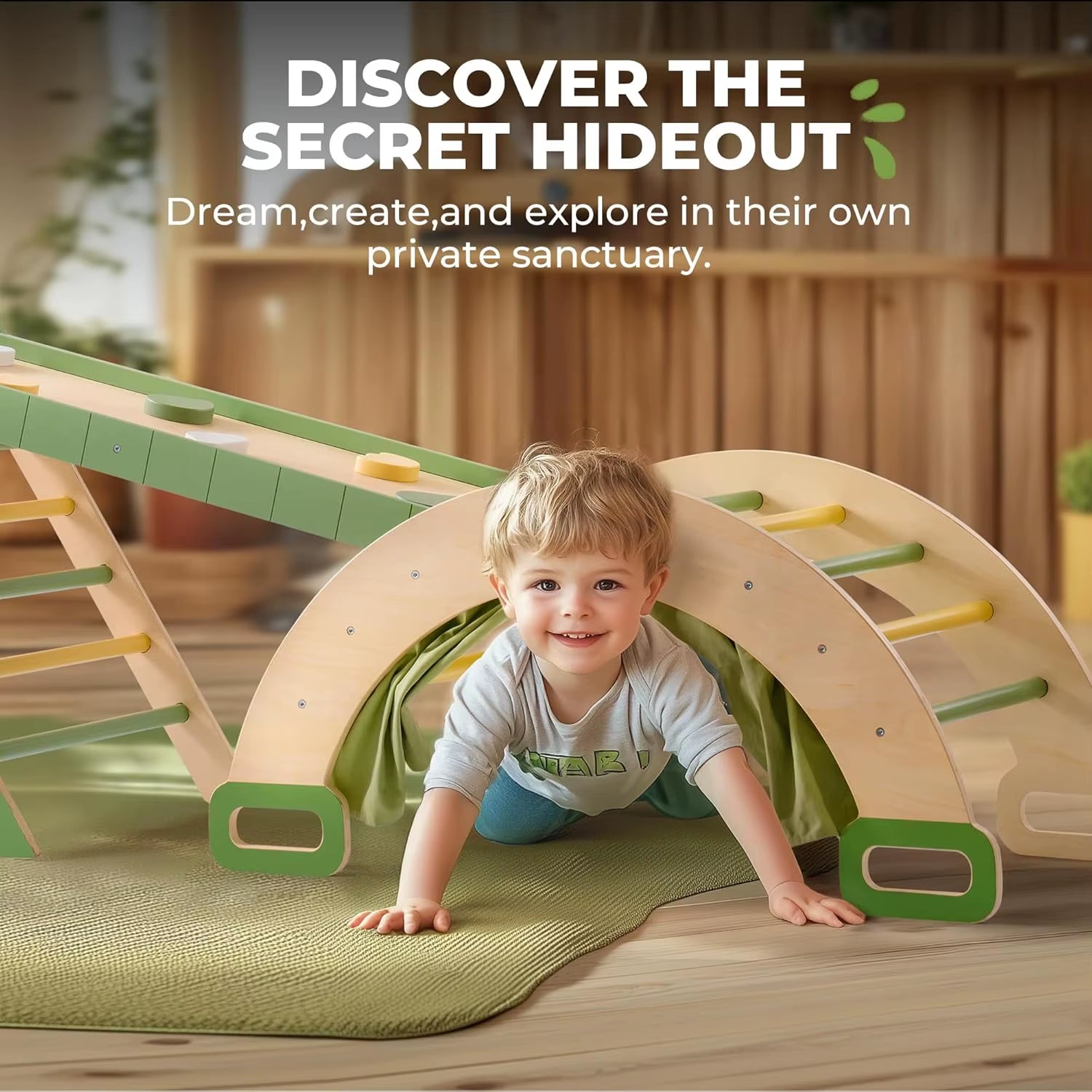 Robotime Robud 7 in 1 Triangle Set Foldable Wooden Climbing Toy Montessori Foldable Climbing Set with Rope Net for Girls Boys