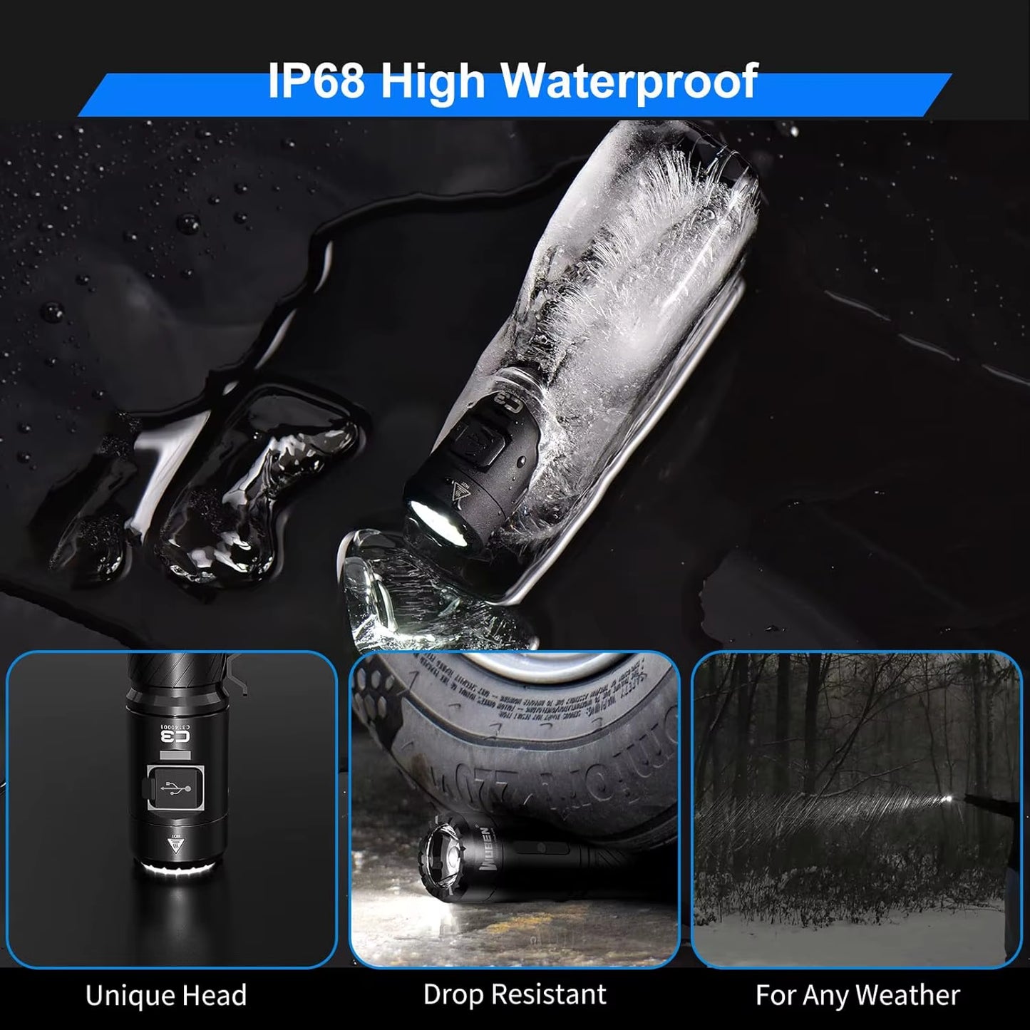 C3 Flashlight 1200 High Lumens Rechargeable Flashlight 6 Modes IP68 Waterproof LED Tactical Flashlight for Camping Hunting