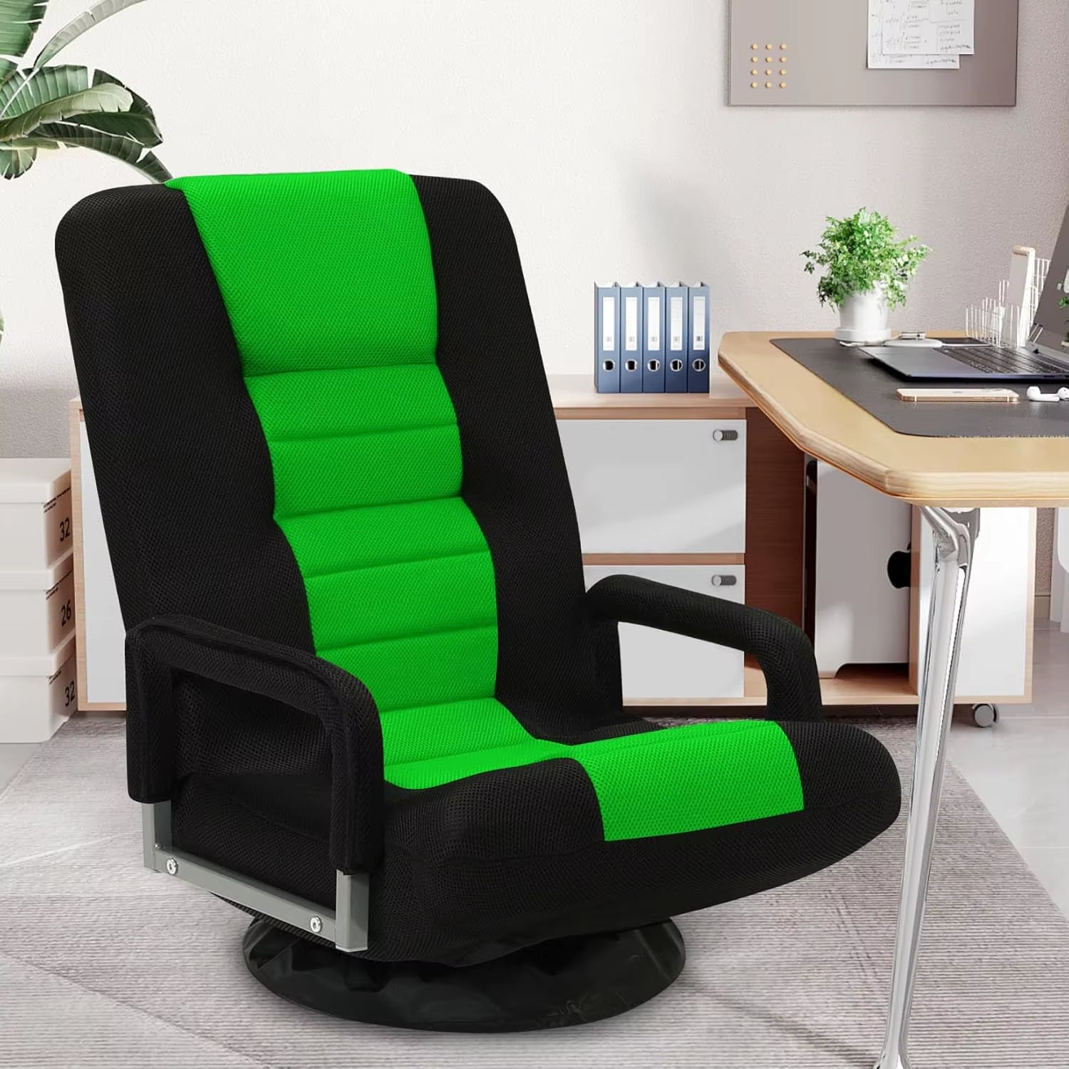 Swivel Floor Gaming Chair W/Armrests,Folding Video Reclining Sofa W/6 Adjustable Position, Padded Backrest & Cushion