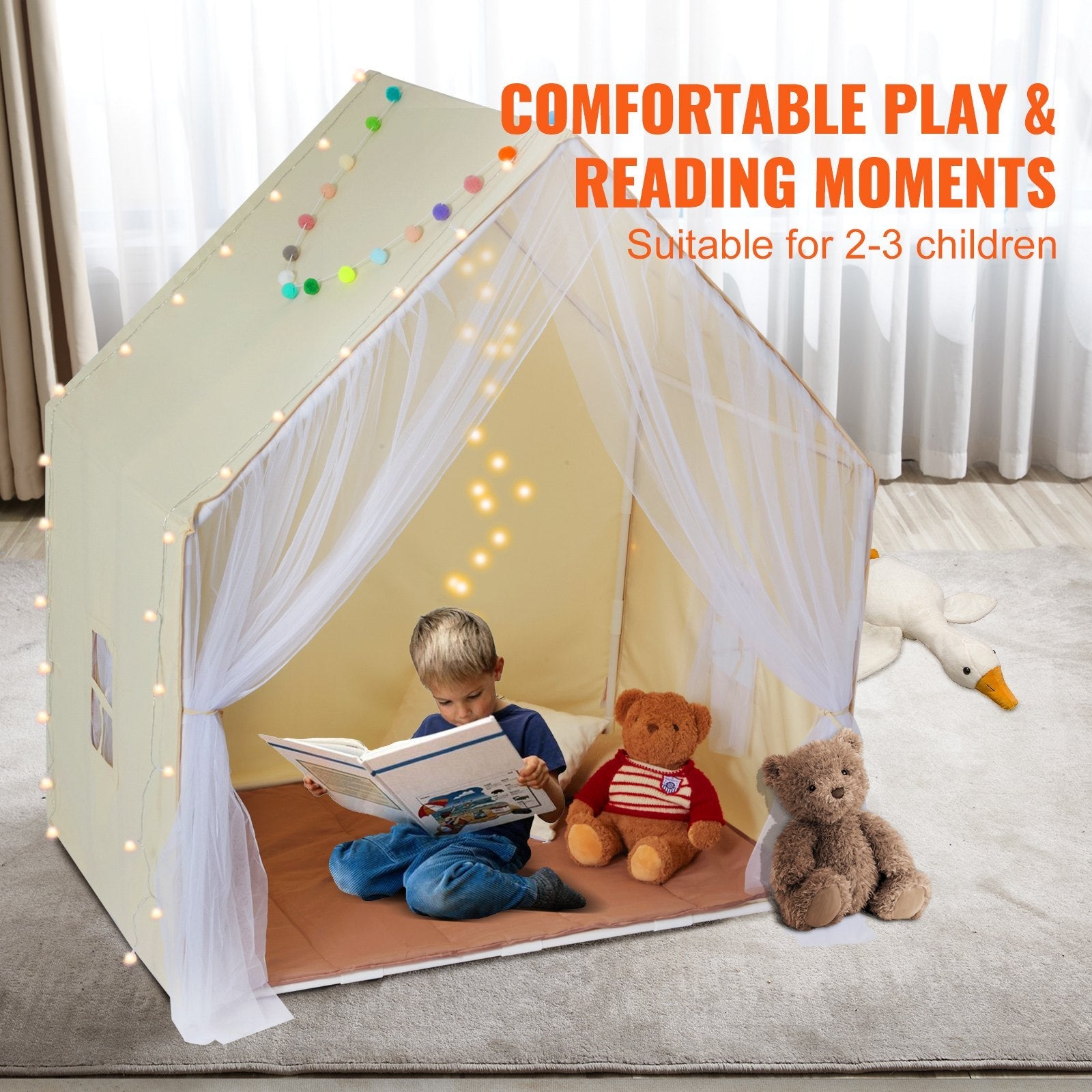  Kids Play Tent, Kids Tent for Kids 1-5 Years Old, Toddler Tent with Mat and Tent Lamp, Beige