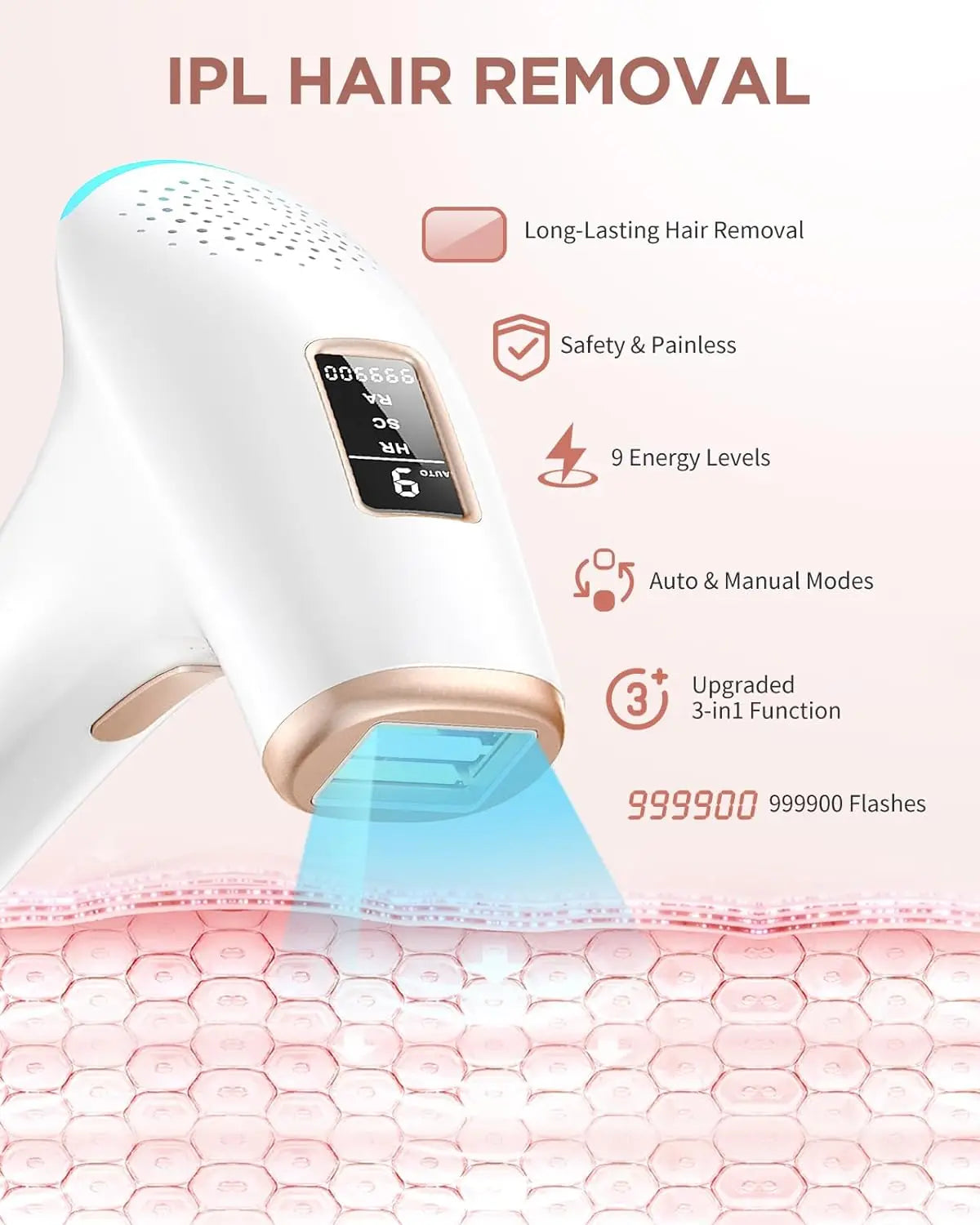 999900 Flashes IPL Hair Removal Device for Safe, Permanent, and Painless Treatment on Face and Body for Home Use by Men and Women