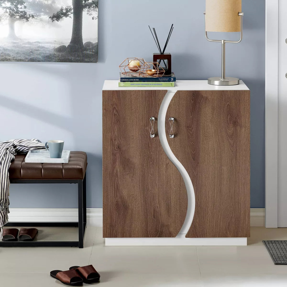 Contemporary 8 Shelf Shoe Cabinet White/Distressed Walnut: Adjustable, Freestanding Storage, Particle Board Construction