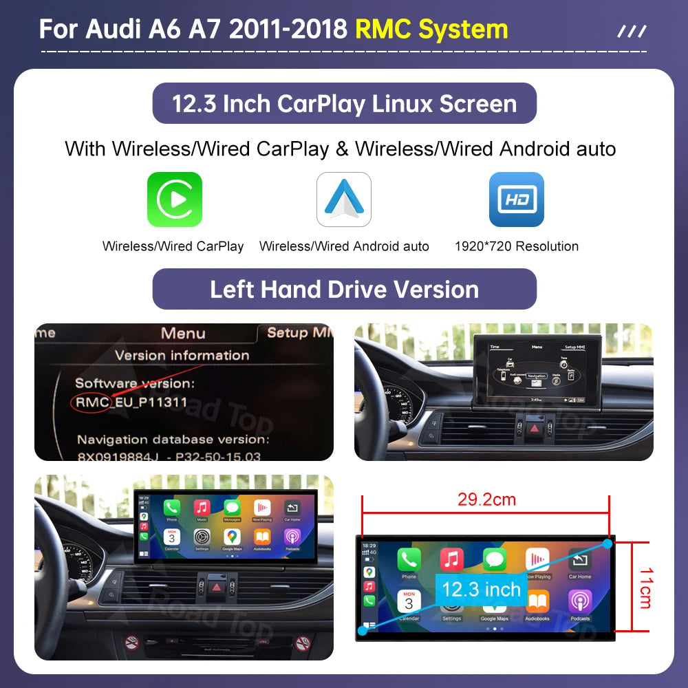 12.3" Linux Multimedia Display for Audi A6 C6 and A7 C7 (2011-2018) with Wireless CarPlay, Android Auto, and AirPlay Integration