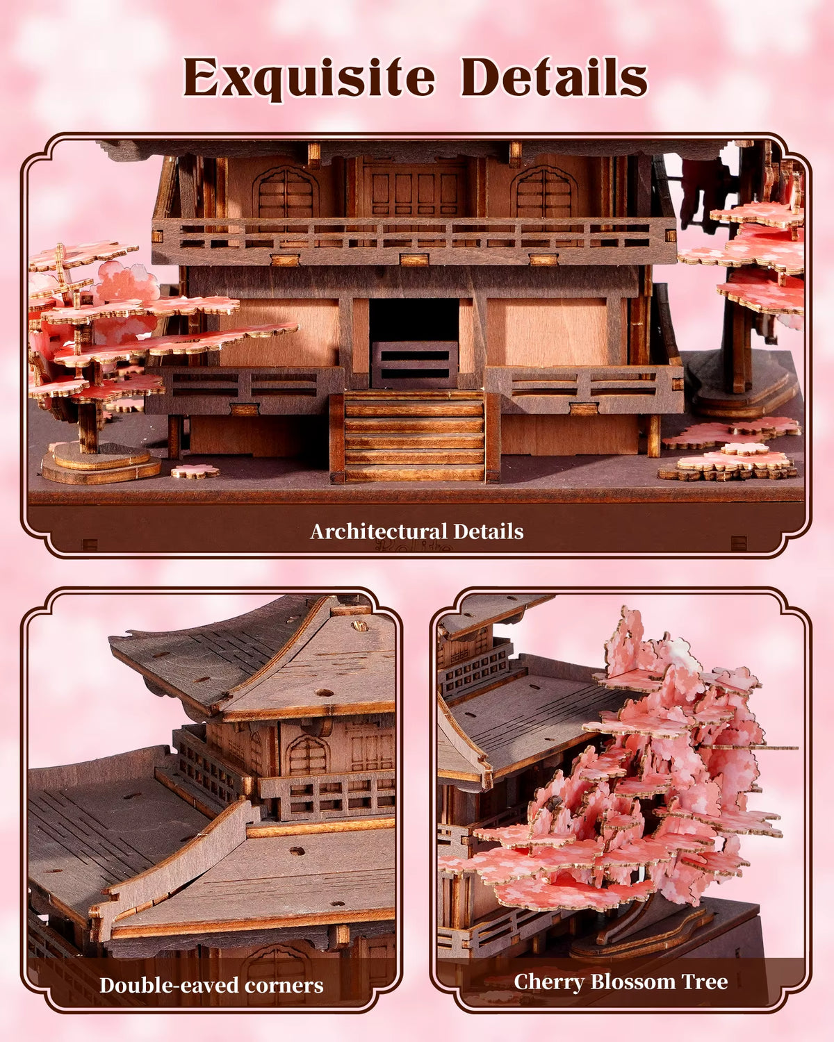 ROKR Sakura Pavilion 3D Wooden Puzzle - Japanese Architectural Model Featuring Cherry Blossom Design, 235-Piece DIY Craft Kit for Adults and Teens