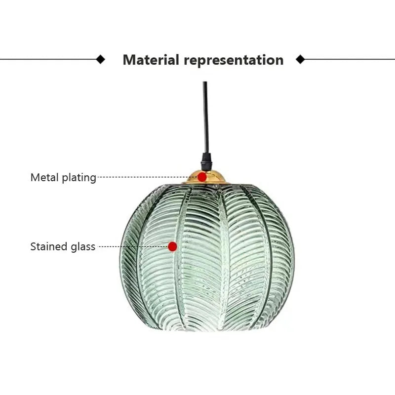Nordic Glass Pendant Light Green Leaf Pattern Lighting for Living Room Dining Room Hotel Study Bedroom Indoor Decorative Fixture