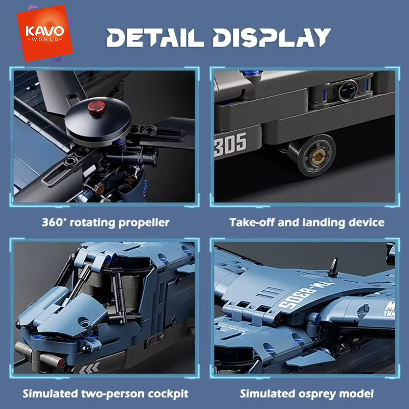 KAVOWORLD 1486-Piece Military V-22 Transport Aircraft Helicopter Building Block Set - STEM Educational DIY Assembly Airplane Toy