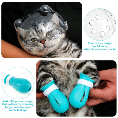 1/2Pcs Cat Muzzle Pet Grooming Cover Accessory Anti-Bite Anti-Licking Cat Space Hood Breathable Helmet with 4 Silicone Paw Shoes