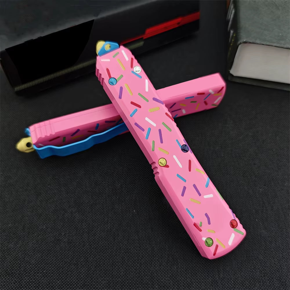 Outdoor Tactical Folding Knife with 3.46-Inch D2 Blade and T6 Aluminum Pink Donut Handle - Deep Pocket Clip EDC Tool for Camping, Hiking, and Hunting