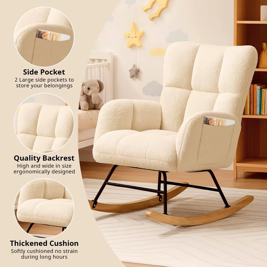 COMHOMA Teddy Glider Rocking Chair with Side Pockets, High Back Design for Adults - Ideal for Bedroom and Living Room