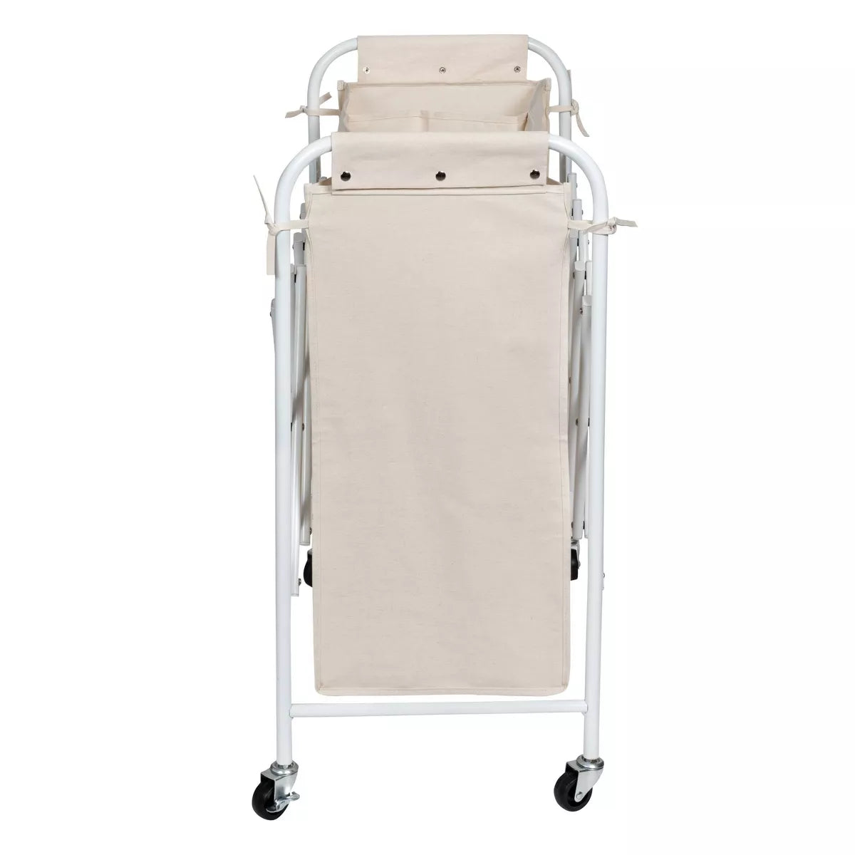 Accordion Triple Sorter - White Steel Rolling Laundry Hamper with Wheels, Collapsible Open-Top Design