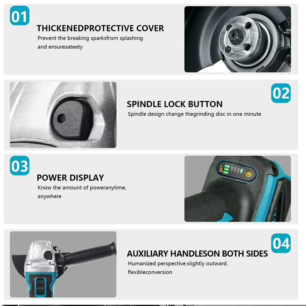 125MM Brushless Electric Angle Grinder with Variable Speed - M14 Cutting Tool for Woodworking Compatible with Makita 18V Battery