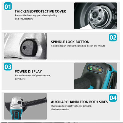 125MM Brushless Electric Angle Grinder with Variable Speed - M14 Cutting Tool for Woodworking Compatible with Makita 18V Battery