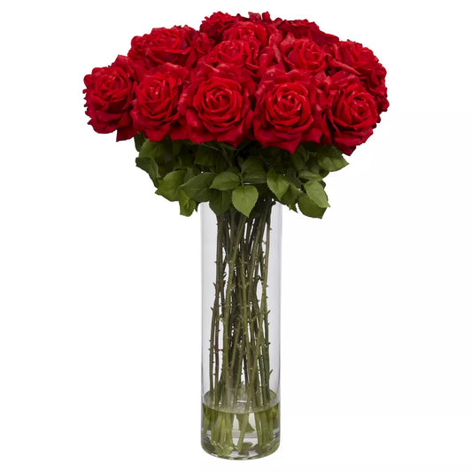 Giant Silk Rose Flower Arrangement: Realistic Red Roses with Greenery in Glass Vase