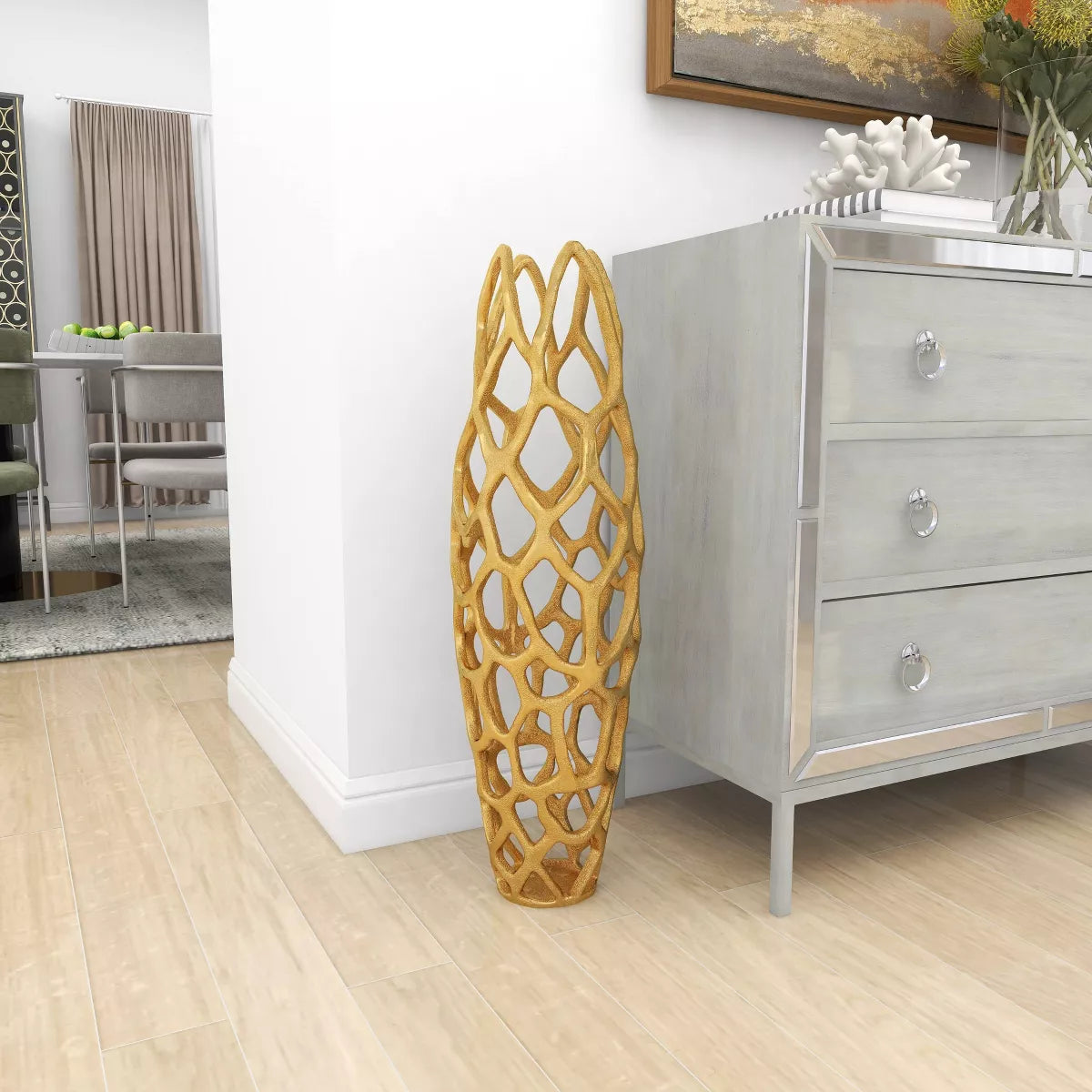 31" x 9" Contemporary Gold Aluminum Vase with Eclectic Woven Net Design