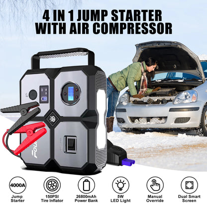 Foursun Car Jump Starter with Air Compressor, Foursun 4000A 26800Mah Jump Starter Battery Pack (All Gas/8.0L Diesel) 150PSI Digital Tire Inflator, 12V Car Lithium Battery Jump Box Pack Power Charger