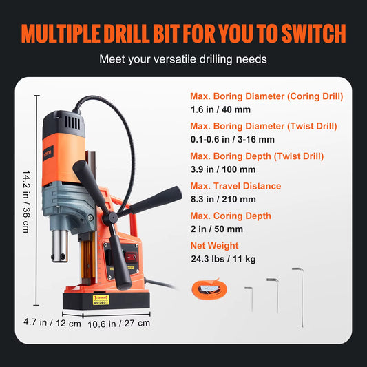 Succebuy 1300/1550W Portable Electric Magnetic Drill Press with Variable Speed 0-500 RPM for Metal Surfaces