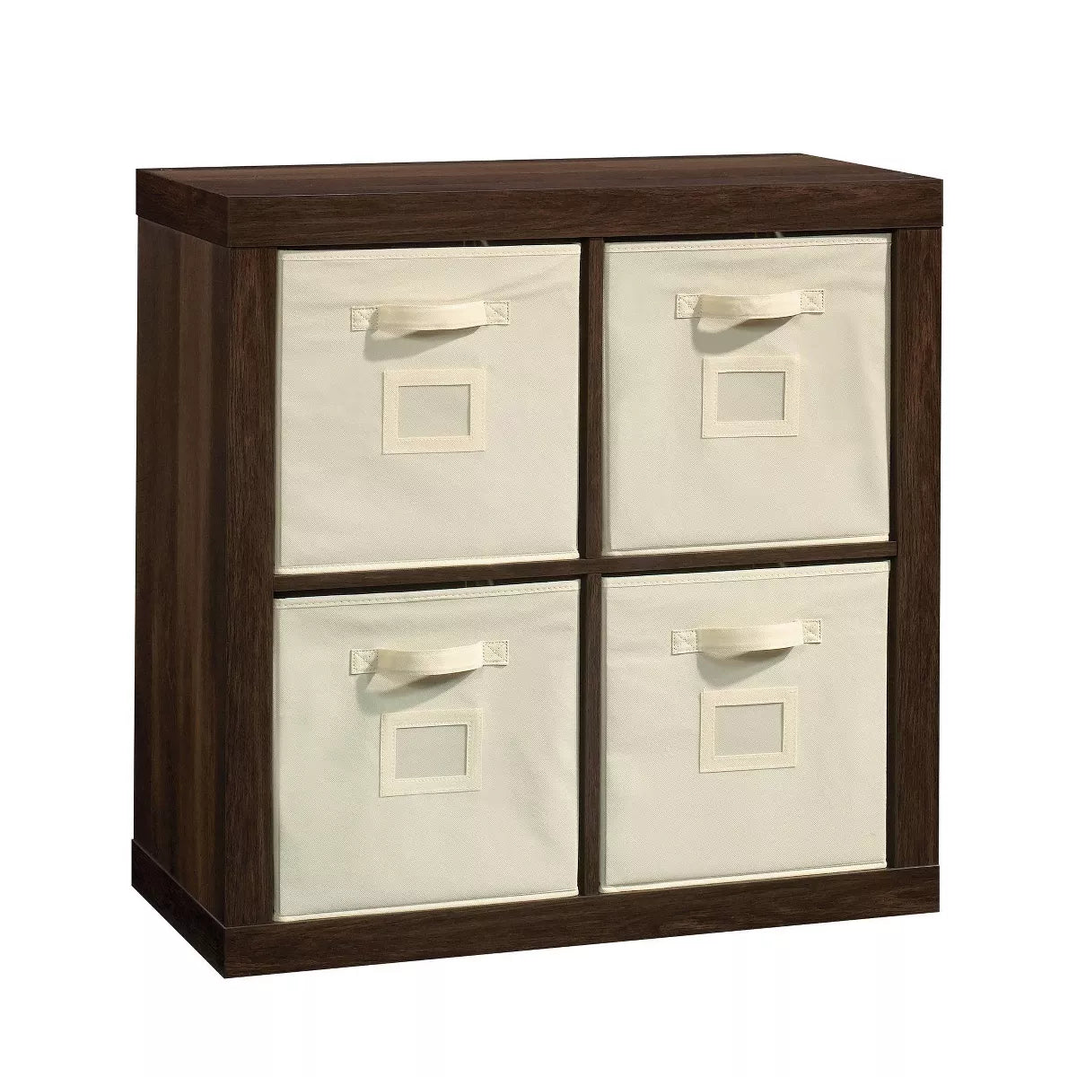 Stow Away 4-Cube Organizer in Smoked Oak - Modern Bookshelf with Fixed Shelves and Fabric Bins