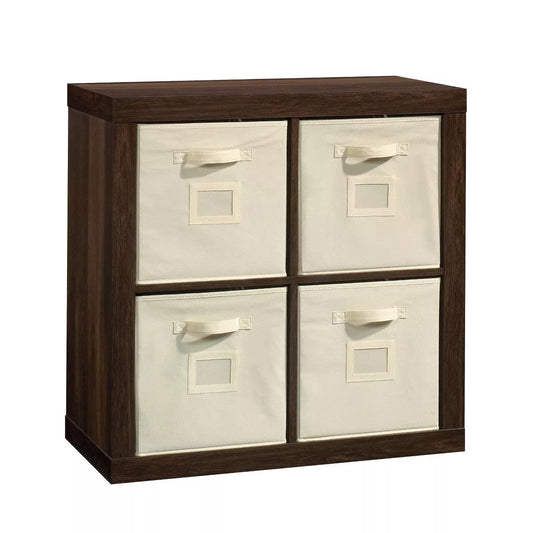 Stow Away 4-Cube Organizer in Smoked Oak - Modern Bookshelf with Fixed Shelves and Fabric Bins