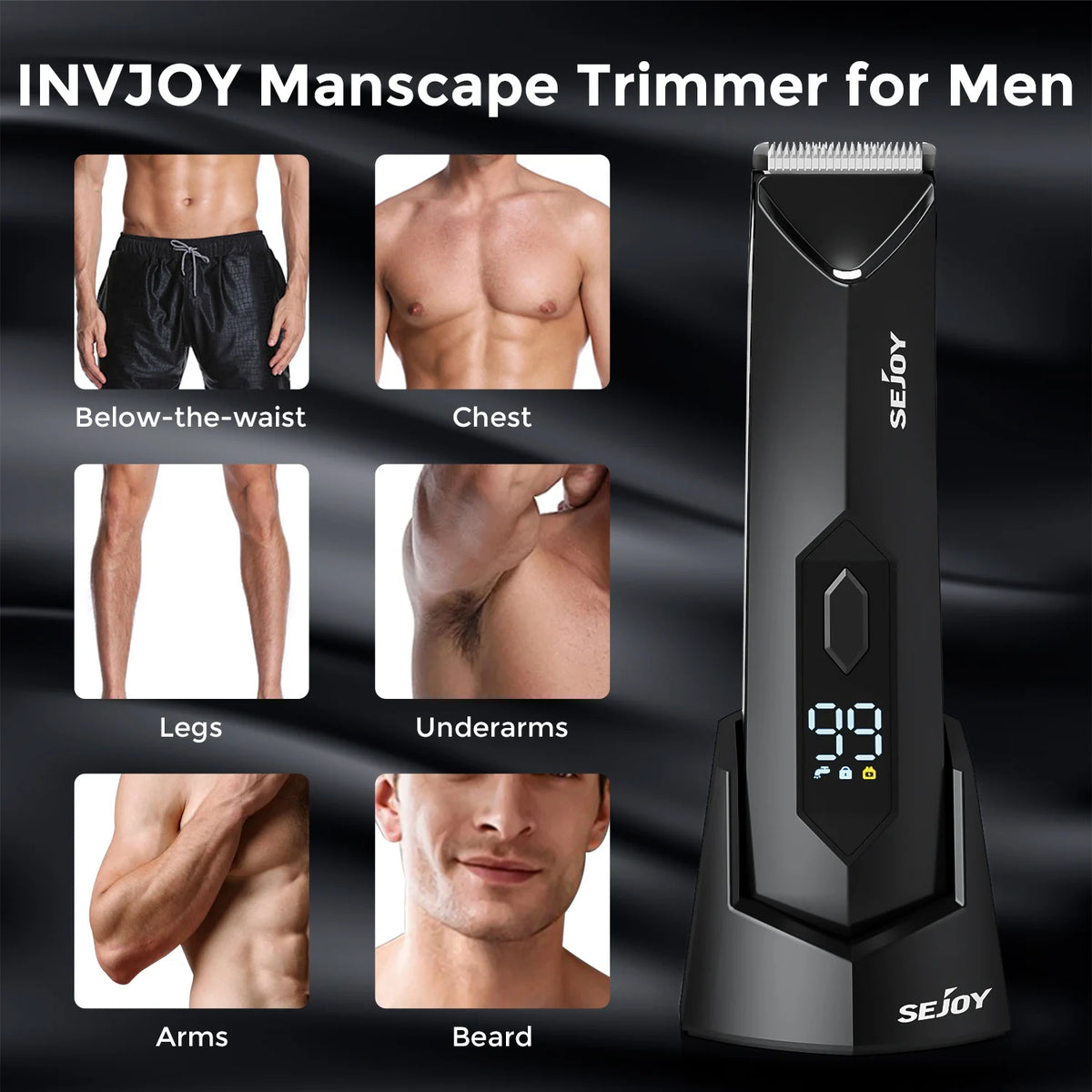 Men's Body Hair Trimmer with LED Light - Electric Grooming Device for Groin, Chest, and Legs with Ceramic Blades and Travel Lock - IPX7 Waterproof for Wet/Dry Use