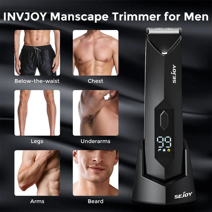 Men's Body Hair Trimmer with LED Light - Electric Grooming Device for Groin, Chest, and Legs with Ceramic Blades and Travel Lock - IPX7 Waterproof for Wet/Dry Use
