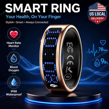US Local Smart Ring with LED Display Screen Call Reminder Heart Rate Blood Oxygen Monitor IP68 Waterproof Multi Sports Mode Gift