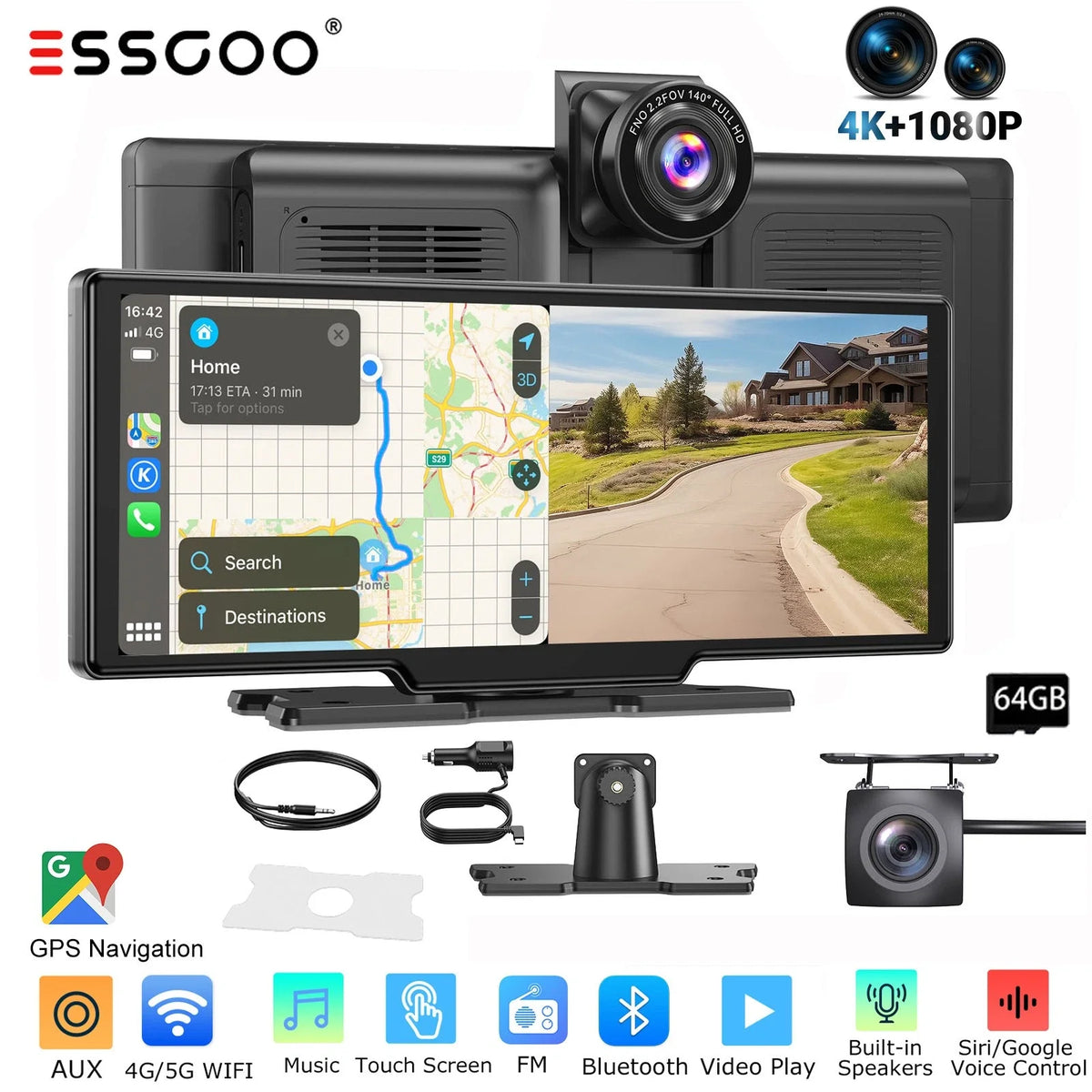 10.26" 4K Dual Lens Dash Cam with Touch Screen, 64GB Storage, Wireless Apple CarPlay and Android Auto for Car Stereo and Rearview Recording