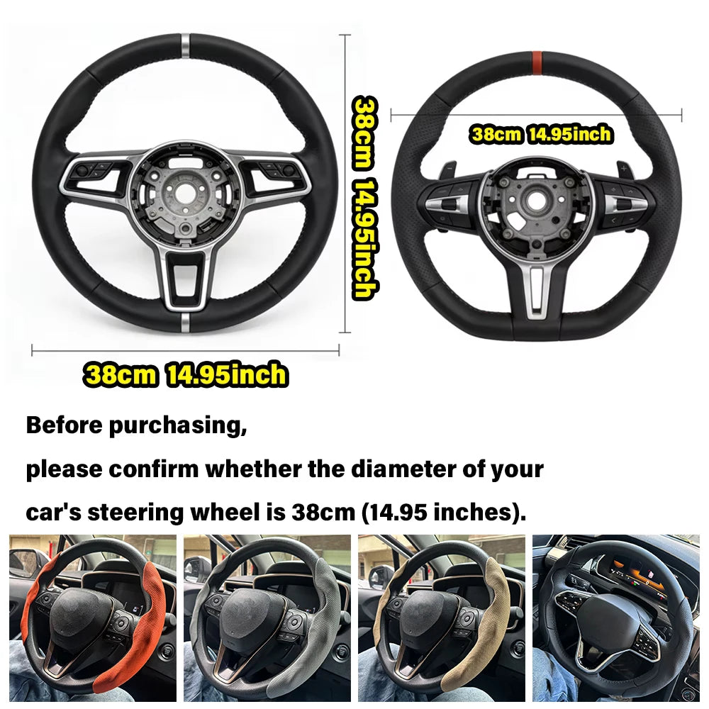 Universal D-Shaped Leather Steering Wheel Cover with Ventilation Holes - 15 Inch, Sweat-Absorbent and Anti-Slip Accessory