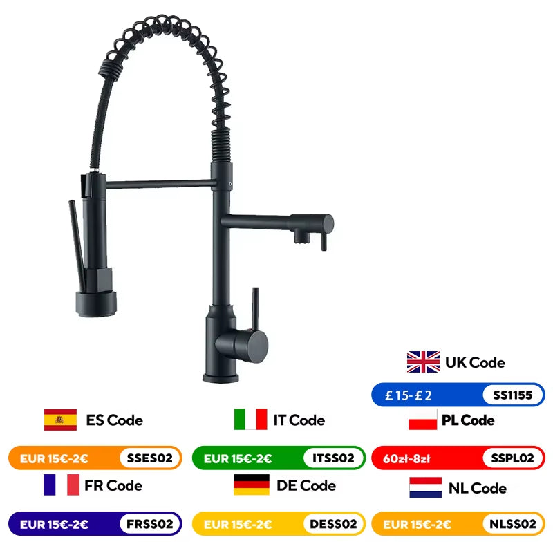 Black Kitchen Sink Faucet Pull down Hot and Cold Water Mixer2 Mode Tap with Dual Spout 360 Rotation Flexible Deck Mounted