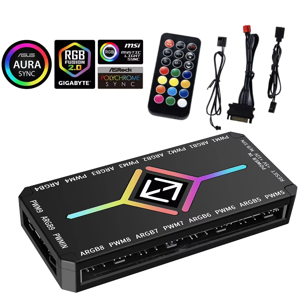 Multi Port 3 in 1 PWM Magnetic ARGB Fan Hub Splitter for PC with Remote Control Supports 9 Fans and Custom Lighting