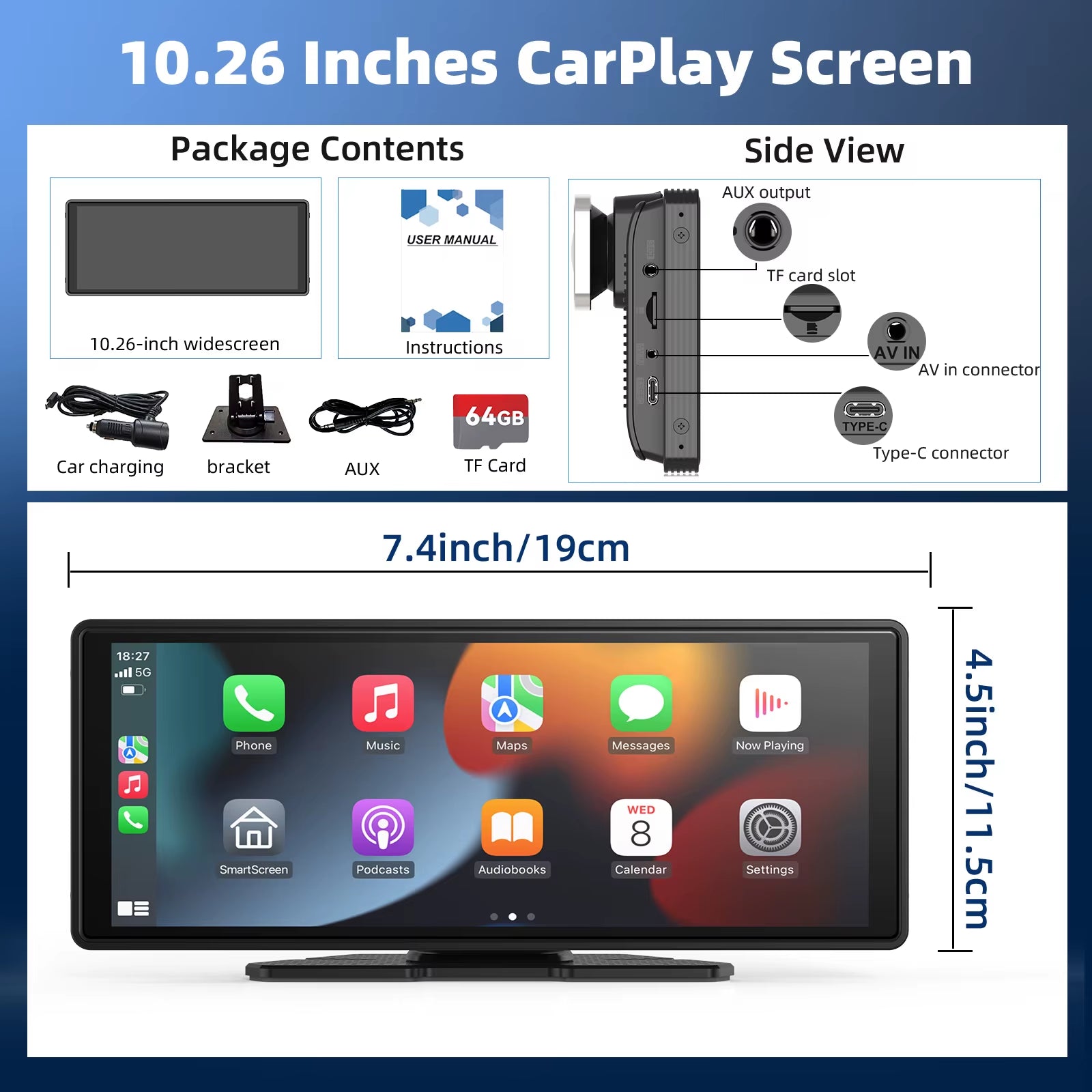 Portable Wireless Carplay Car Stereo, 10.26" Inch HD Touchscreen for Car with Carplay & Android Auto with Mirror Link/Backup Cam