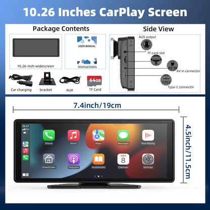 Portable Wireless Carplay Car Stereo, 10.26" Inch HD Touchscreen for Car with Carplay & Android Auto with Mirror Link/Backup Cam