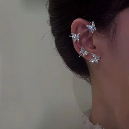 Silver Plated Butterfly Ear Clips with Zircon Accents for Non-Pierced Ears - Elegant Wedding Jewelry for Women