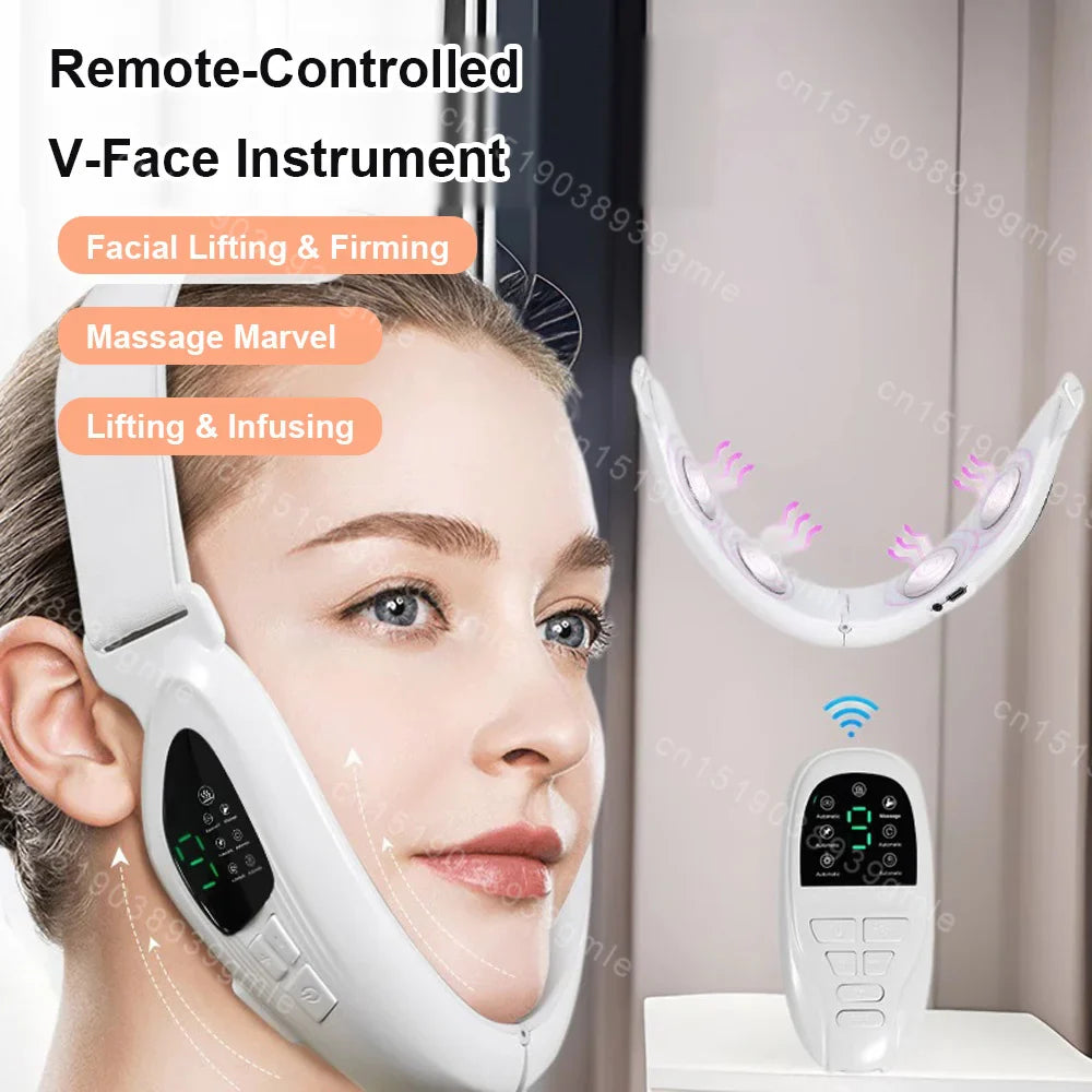 4 in 1 Massager for Face, Facial Sculpting Device for Double Chin, Reduces Sagging Skin, Remote Control Operation with 5 Modes, 15 Adjustable Intensities. (White)
