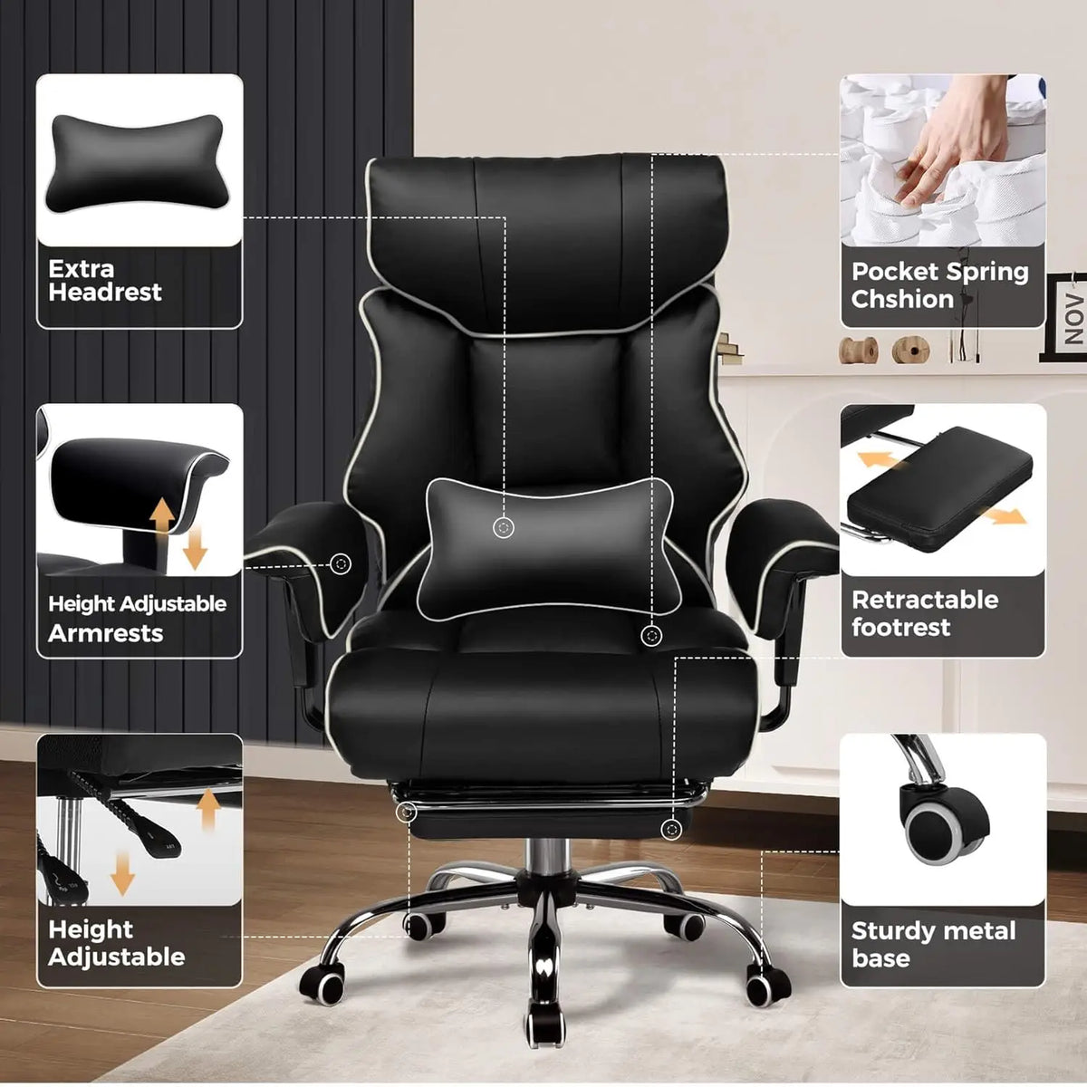 COMHOMA Executive High Back Leather Office Chair for Big and Tall Individuals, 400 lbs Capacity, Ergonomic Lumbar Support with Pocket Spring Cushion