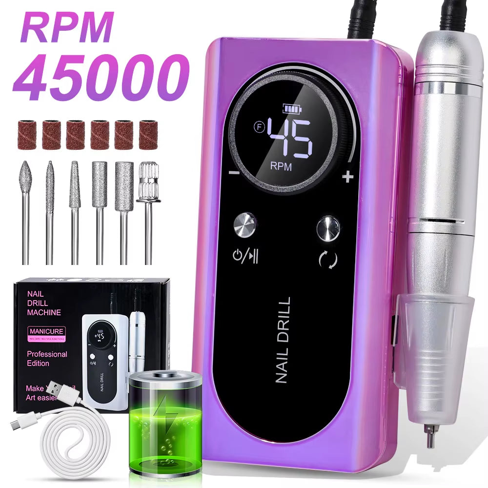 45000RPM Electric Nail Drill File Rechargeable Electric Nail Polishing Machine for Acrylic Gel Dip Powder Manicure Pedicure Tool