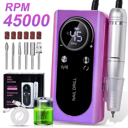 45000RPM Electric Nail Drill File Rechargeable Electric Nail Polishing Machine for Acrylic Gel Dip Powder Manicure Pedicure Tool