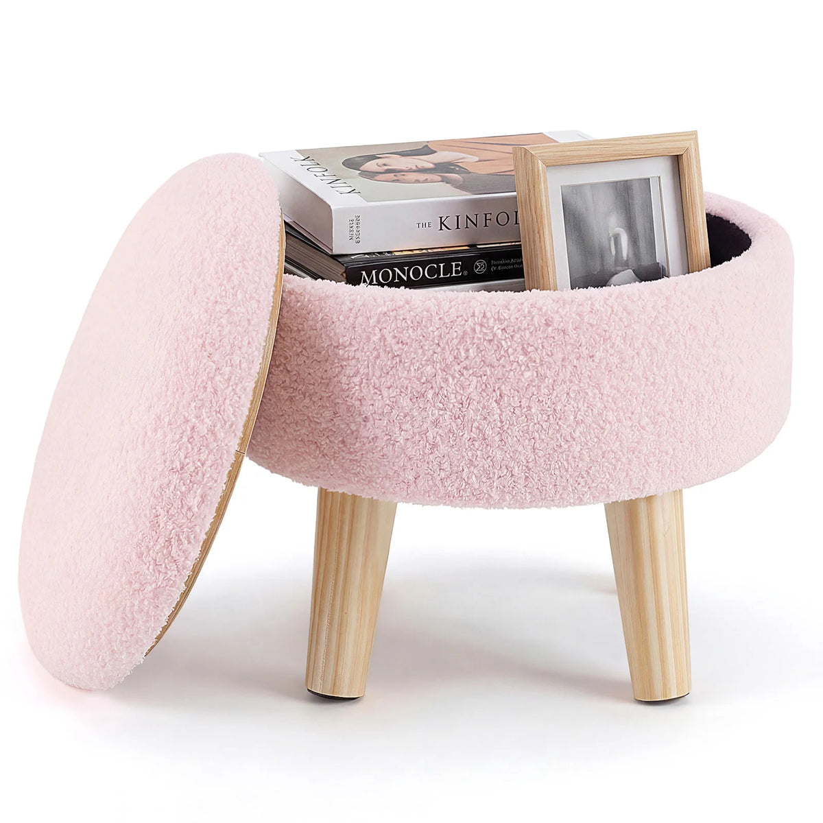 JHK Round Velvet Storage Ottoman with Padded Seat and Hidden Storage, Wood Legs for Living Room and Bedroom