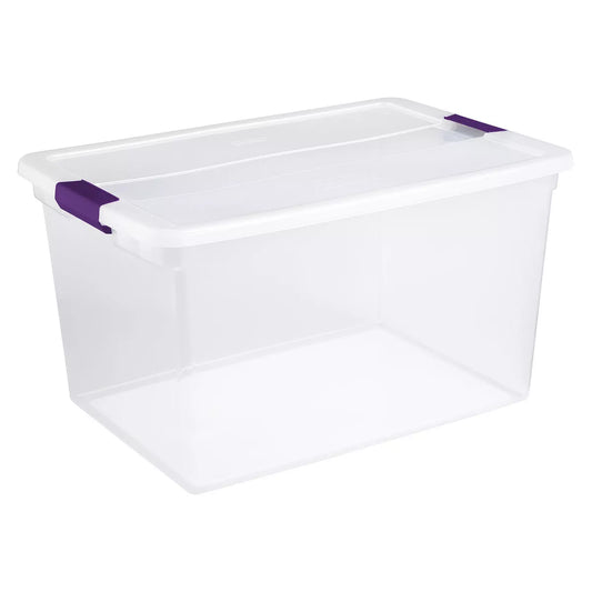 66 Quart Clearview Latch Storage Box with Purple Latches - Stackable Plastic Container with Lid