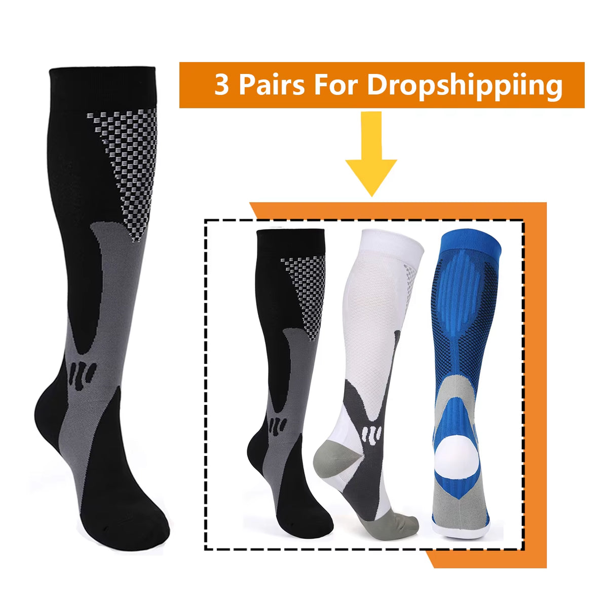Brothock Athletic Compression Socks - 20-30 mmHg - 3 Pairs for Dropshipping - Nylon Medical Nursing Stockings