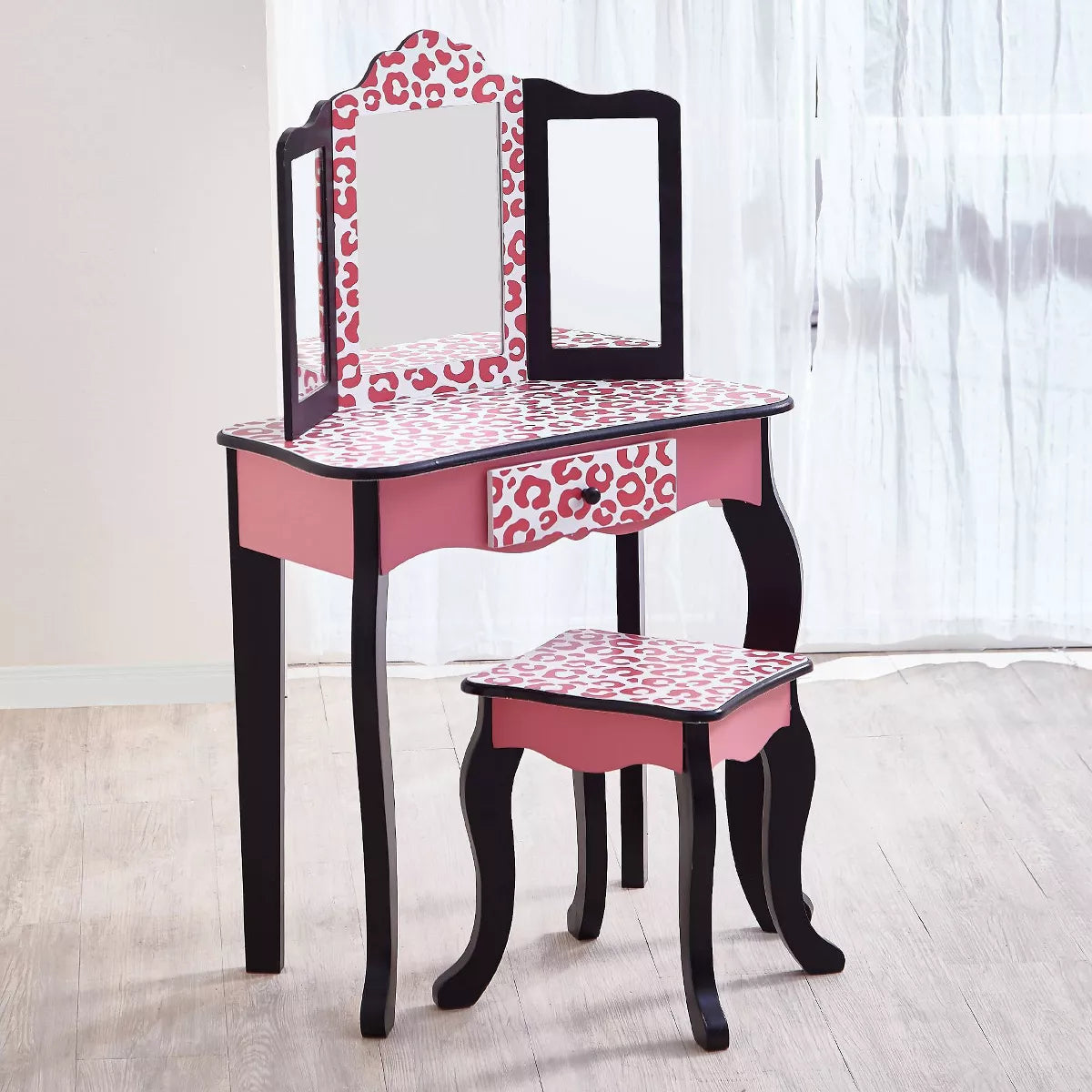 Teamson Kids 2Pc Leopard Prints Kids' Wooden Play Vanity Set Black/Pink: Makeup Vanity for Little Girls with Stool