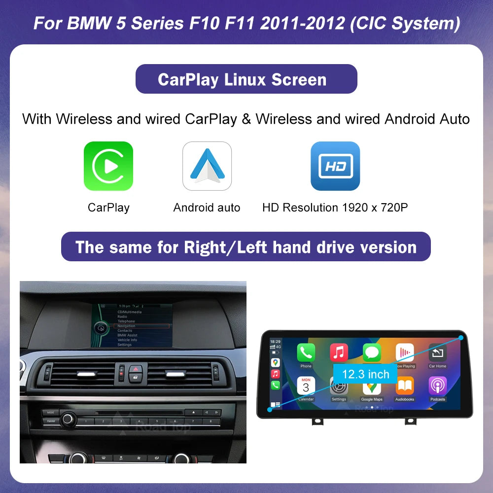 12.3-Inch Ultra-Thin Multimedia Touchscreen for BMW 5 Series F10 F11 CIC NBT EVO System with Wireless CarPlay and Android Auto Integration