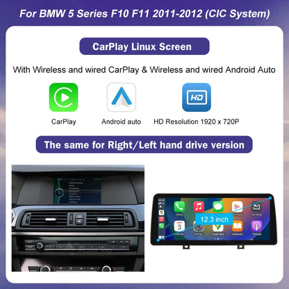 12.3-Inch Ultra-Thin Multimedia Touchscreen for BMW 5 Series F10 F11 CIC NBT EVO System with Wireless CarPlay and Android Auto Integration