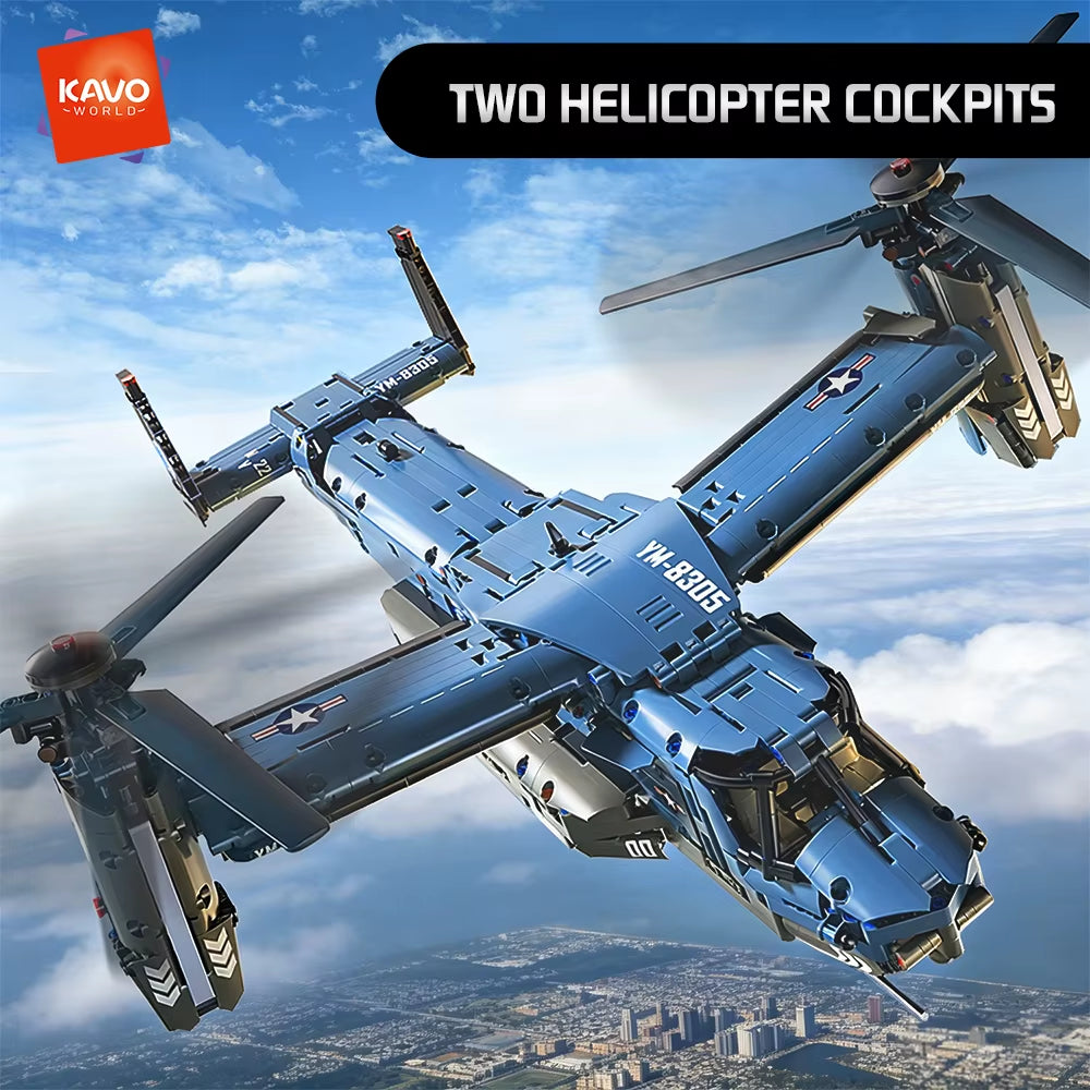 KAVOWORLD 1486-Piece V-22 Military Transport Aircraft Building Block Set - STEM Educational DIY Assembly Toy