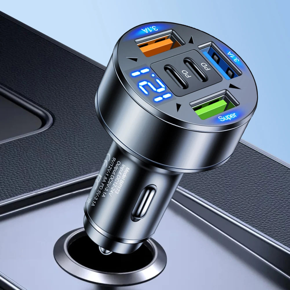 100W 5-Port Car Charger with Voltage Regulation - 12V-24V Cigarette Lighter Plug Adapter for Compatibility with Most Vehicle Models