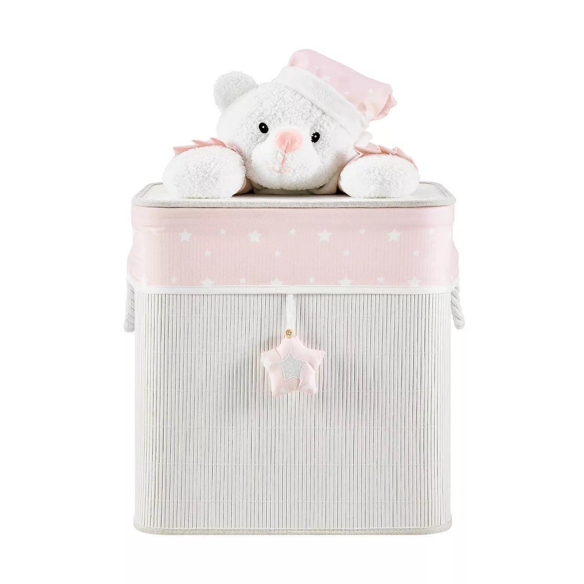 Bamboo Collapsible Laundry Hamper and Toy Storage for Kids with Handles in Pink and Cream Teddy Bear Design