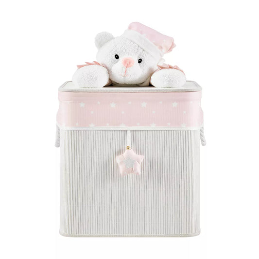 Bamboo Collapsible Laundry Hamper and Toy Storage for Kids with Handles in Pink and Cream Teddy Bear Design
